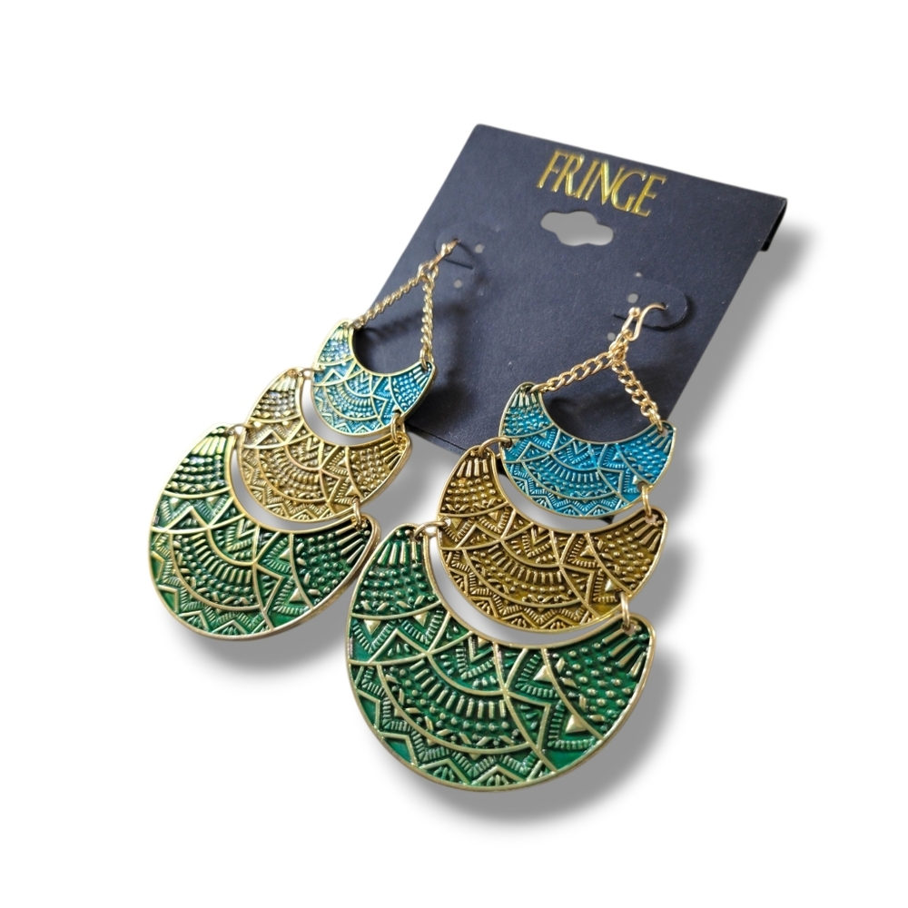 Fringe | Large Boho Embossed Gold Tone Blue/Green Layered Tribal Disc Earrings